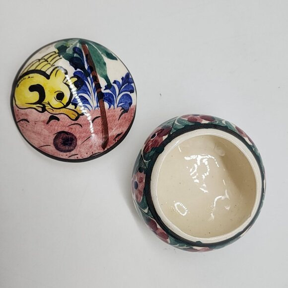 Mexican Hand Painted Ceramic Trinket Box With Floral & Rabbit 3" Diameter - Picture 7 of 8